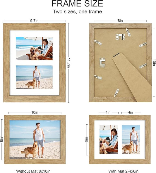 8x10 Picture Frame Set of 2, Natural Oak Wood Frame with Glass Collage Frame, Display Pictures Two 4x6 With Mat or 8 x 10 Without Mat - Horizontal or Vertical Wall Mounting