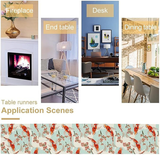 Japanese Kio Fish Table Runner Cherry Flower Art Printed Burlap Runner Home Kitchen Dining Table Living Room Decor Fabric 1 Panel W13xL60in