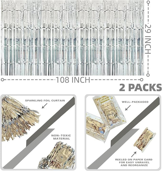 Silver Streamers Party Decorations, 2 Packs Silver Table Skirts Metallic Foil Fringe Tinsel for Birthday Disco Bachelorette Baby Shower Wedding Graduation Float Parade Party Supplies - 29x108 Inch