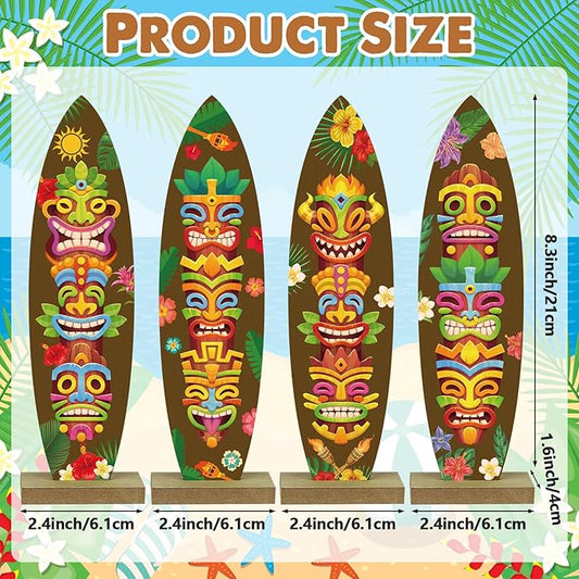 4 Pcs Surfboard Decorations for Party Welcome to Paradise Sign Tropical Bar Table Centerpieces Surfboard Beach Signs for Home Summer Theme Wood Tropical Birthday Party Decor(Tiki Style)