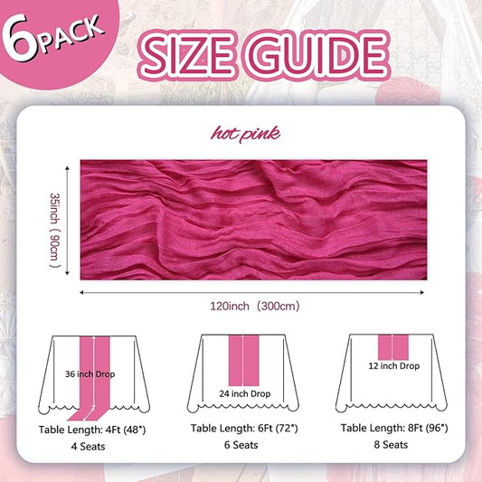 6 Pack Hot Pink Cheesecloth Table Runner 10ft Boho Gauze Fabric Cheese Cloth Table Runner 35 x 120 Inch Rustic Sheer Runner for Romantic Wedding Decor Baby Shower Party Table Centerpiece Decoration
