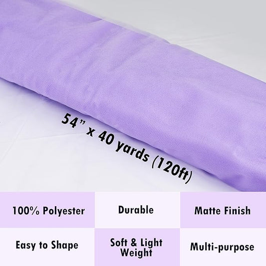 Craft And Party, Lavender Fabric Tulle Roll 54 Inch by 40 Yards (120 ft) Fabric Tulle Bolt for DIY Tutu Skirt, Wedding and Decoration (Lavender)