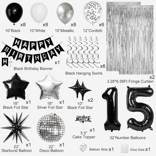 15th Birthday Decorations for Boys Girls, Black Silver Happy Birthday Party Decorations, 15 Year Old Party Supplies with Number 15 Balloons, Banner, Fringe Curtains Kit