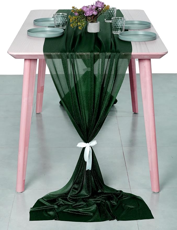 MDS 5 Pack 10ft Chiffon Table Runner 29 x 120 Inches Sheer Wedding Runner Romantic Rustic Table Runner for Wedding Decorations, Birthday Parties, Bridal Shower Party Arch Decor - Hunter Green