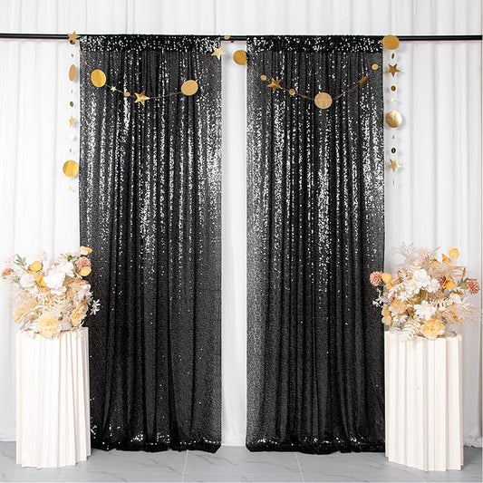 ShinyBeauty 2 Panels Black Sequin Backdrop | 7Ft x 7Ft Sparkly Photo Background | Halloween & Party Decor | Durable & Elegant Curtains | Perfect for Photography & Events