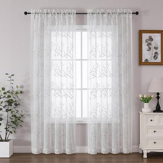 VISIONTEX Sheer Curtains 95 inch Length 2 Panels Set, Decorative Grey Coral Embroidery, Rod Pocket Embroidered Window Drapes for Living Room and Bedroom, 54" x 95"