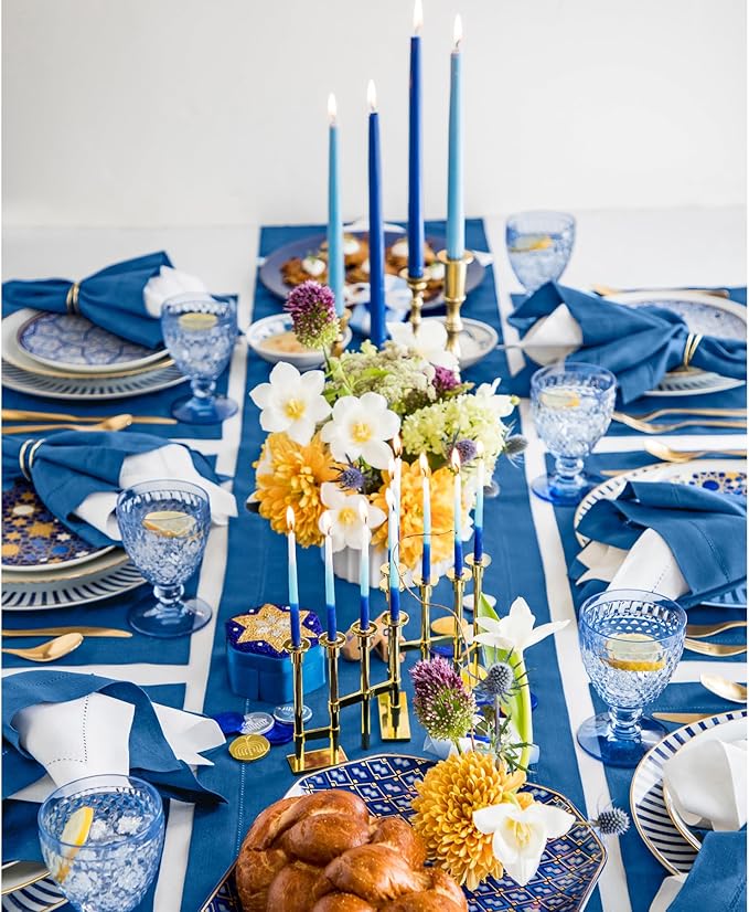 Solino Home Linen Indigo Blue Table Runner 132 Inches Long - 100% Pure Linen Extra Long Table Runner 14 x 132 Inch for Fall, Autumn - Classic Hemstitch