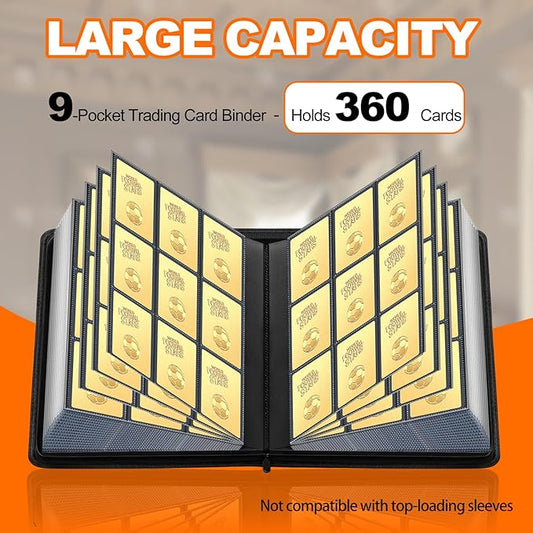 UWULK Card Binder,9 Pocket Side-Loading Trading Card Binder - Hord 360 Cards,Ringless Card Folder Holder for TCG MTG Sports Cards-Zipper Card Collection Album(Black)