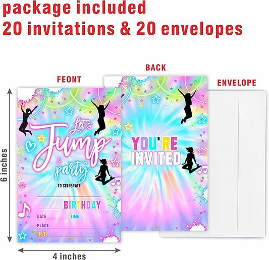 Tie Dye Trampoline Birthday Invitations,Let's Jump! Birthday Party Invite Cards(20 Count) With Envelopes, Fill In Style Invite Cards For Boys & Girls, Birthday Party Supplies-B06