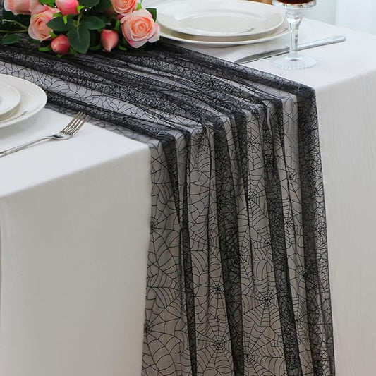 Snowkingdom Halloween Table Runner, 10 FT Black Spider Web Runners Metallic Sequin Sheer Chiffon Gauze Cheesecloth, Black Party Decorations for Halloween Kitchen Dinner Table Birthday Home Indoor
