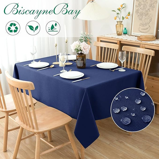 Biscaynebay Textured Fabric Tablecloths 90x132 Inches Rectangular, Navy Water Resistant Tablecloths for Dining, Kitchen, Wedding and Parties etc. Machine Washable