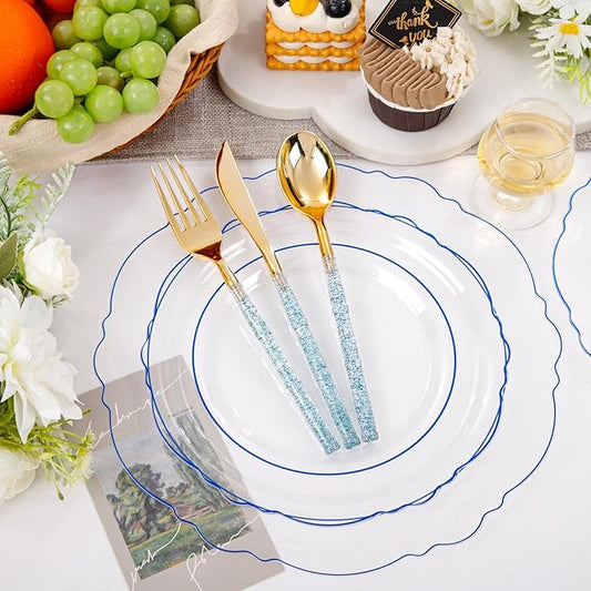 Liacere 150PCS Clear and Blue Plastic Plates-Clear and Blue Disposable Plates with Glitter Bamboo Handle Cutlery-60 Baroque Elegant Plates, 30 Forks, 30 Spoons, 30 Knives for Wedding&Back to School