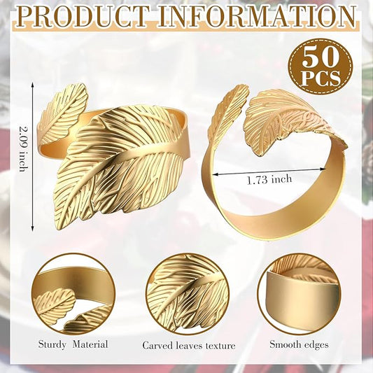 Bokon 50 Pcs Gold Napkin Rings Metal Leaf Napkin Holders Delicate Rings Bulk for Wedding Birthday Party Banquet Decoration(Willow Leaves)