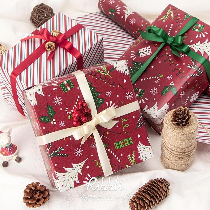 Ribbli Christmas Wrapping Paper Reversible Christmas Tree and Red Green Stripe Gift Wrapping Paper-17 Inch x 33 Feet