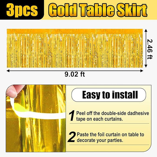 3 Pack 29x108 Inch Gold Foil Fringe Table Skirts Metallic Banner for Tinsel Streamer Garland Backdrop for Parade Floats Wedding Thanksgiving Birthday Christmas Halloween Party Decoration