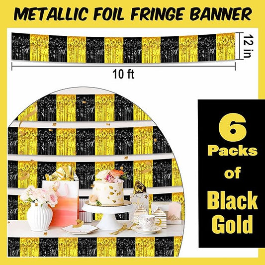 6 Pack 10 Ft Black and Gold Foil Fringe Garland Metallic Streamers Tinsel Banner Wall Hanging Garland Backdrop for Parade Floats, Halloween, Christmas, Thanksgiving, New Year Party Decorations
