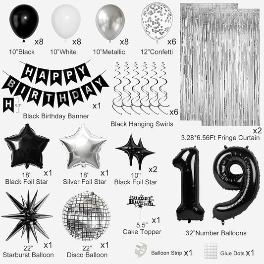 19th Birthday Decorations for Boys Men, Black Silver Happy Birthday Party Decorations, 19 Year Old Party Supplies with Number 19 Balloons, Banner, Fringe Curtains Kit