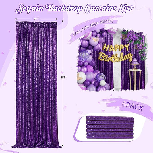 Backdrop Curtain for Halloween Decorations - Purple Sequin Curtain Backdrop 6 Pcs 2ftx8ft Birthday Wedding Stage Decor