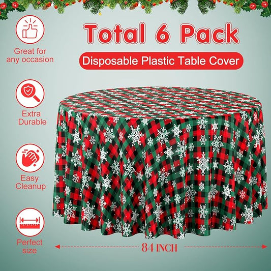 Jectivs 6Pcs Christmas Buffalo Plaid Snowflake Party Tablecloths Decorations,Plastic Red and Green Checkered Round Table Cover for Winter Christmas New Year Birthday Holiday Party Decorations,84 inch