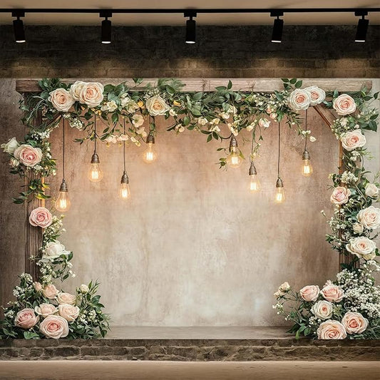 5x4ft Country Wedding Photography Backdrop Floral Rustic Roses Farmhouse Wooden Door Backdrop Pink Flower Birthday Baby Shower Wedding Bridal Party Banner Photo Booth Props Anniversary Background