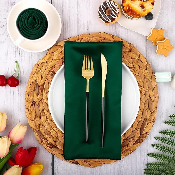 Aneco 16 Pack Square Satin Napkin Bright Silk Table Napkin Soft Smooth Fabric Table Napkin for Wedding Banquet Party Decoration, Forest Green, 17 x 17 Inch