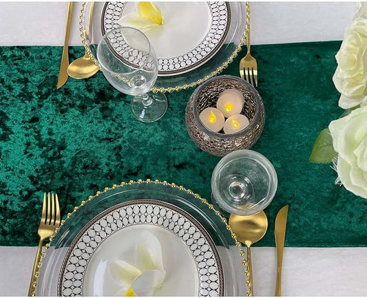 Luxurious Crushed Velvet Table Runner, Wedding Reception Decorations, Soft Velvet Fabric, Table Linen Overlay, Wedding Table Runners (Emerald Green, 12X108 inch)