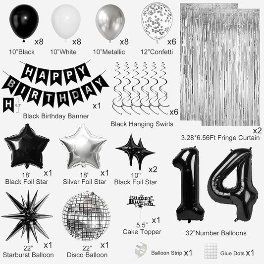 14th Birthday Decorations for Boys Girls, Black Silver Happy Birthday Party Decorations, 14 Year Old Party Supplies with Number 14 Balloons, Banner, Fringe Curtains Kit