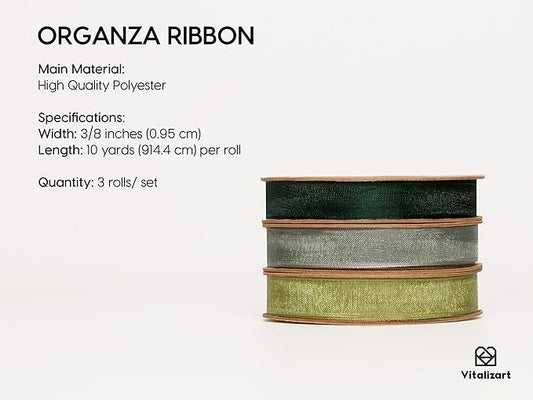 Vitalizart 3/8" x 30Yd Organza Ribbon Green Sheer Ribbons Set 10 Yd x 3 Rolls Drak Green Sage Handmade Eco-Friendly for Gift Wrapping Christmas Tree Crafts Bows Wedding Invitations Wreaths Wrap