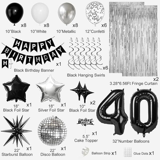 40th Birthday Decorations for Men Women, Black Silver Happy Birthday Party Decorations, 40 Year Old Party Supplies with Number 40 Balloons, Banner, Fringe Curtains Kit
