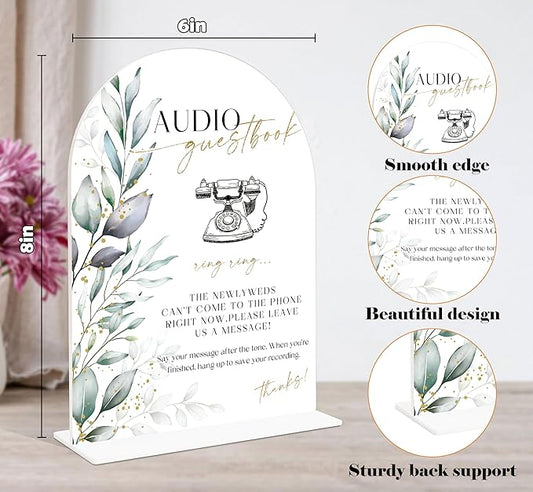 Acrylic Wedding Signs, Greenery Theme Audio Guestbook Sign, Wedding Reception Signage, Bridal Shower Table Decor with Stand, Engagement, Anniversary, Newlywed Events and Parties Supplies, 16