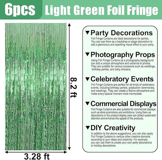 6 Pack Light Green Foil Fringe Curtain Backdrop, 3.28Ft x 8.2Ft Metallic Tinsel Foil Fringe Streamer Curtains for Photo Booth, Valentine's Day, Christmas Day, New Year, Wedding Party Decorations