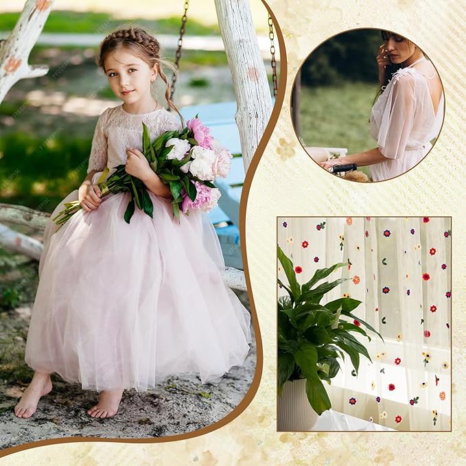 3PCS Champagne Floral Table Runner 10 FT, Embroidery Daisy Table Runners Seasonal Sheer Tulle Table Runner for Thanksgiving Wedding Birthday Baby Shower Party 