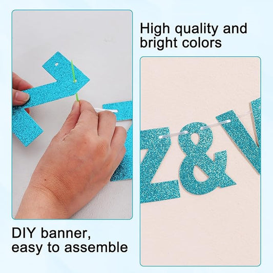 BEISHIDA 116 PCS A-Z Glitter Lake Blue DIY Letter Banner Kit Make Your Own Banner,Including 111 Letters and Numbers 3 Rope and 2 Threading Device,Customized for Birthday Graduation Wedding Party Decor