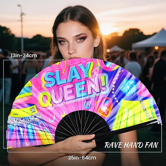 SYNTECSO Folding Hand Fan for Rave, Popping Fan for Line Dancing, Drag Queen, Women and Men Gift,Chinese Japanese UV Glow Clack Fan for Parties, Music Festivals, EDM and Decoration