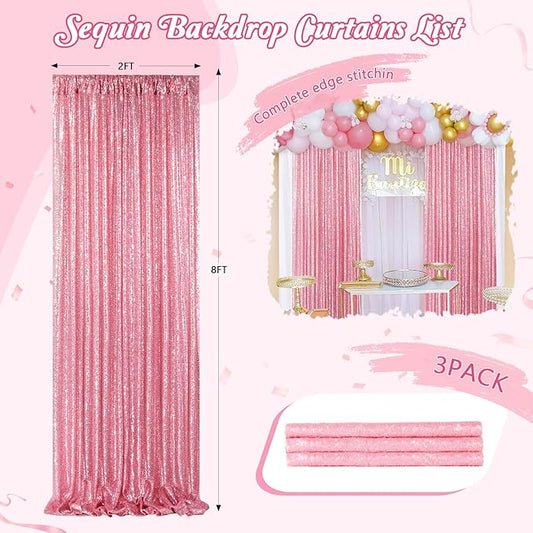 Backdrop Drapes Curtains Panels with Rod Pockets Blush Pink Sequin Party Backdrop 3 Pcs 2x8FT