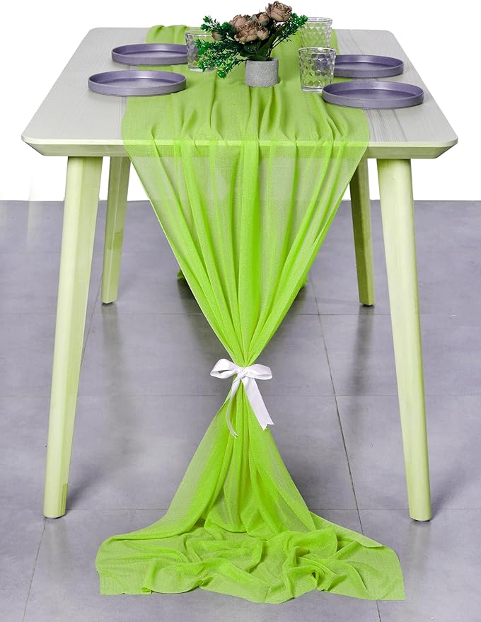 MDS 2 Pack 14ft Chiffon Table Runner 29 x 170 Inches Sheer Wedding Runner Romantic Rustic Table Runner for Wedding Decorations, Birthday Parties, Bridal Shower Party Arch Decor - Parrot Green