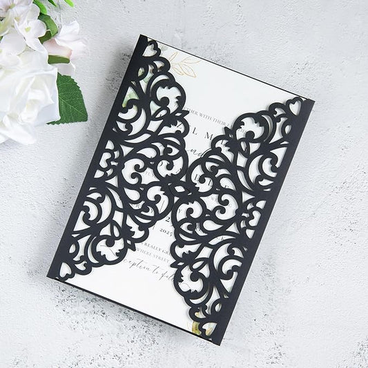 20Pcs Black Laser Cut Invitation Cards With Blank Inner Sheets for Wedding Cards Bridal Shower Engagement Quinceanera Invitation (No Envelopes)