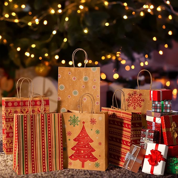 MESHA Christmas Gift bags 24Pcs 8.6x7x3.3'' Kraft Paper Bags with Handles Bulk for Gifts Holiday Xmas Goodie, Party Favors, Candy, Treat