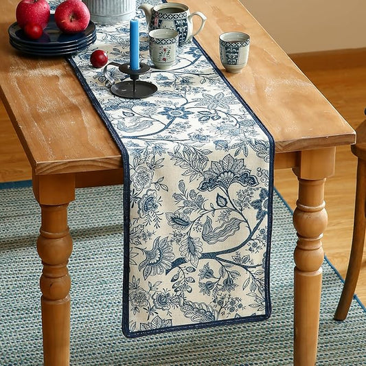 ISAENNE Designer Chinoiserie Elegant Linen Table Runner 102 Inches Long,Blue Floral Pattern Decor Table Runners for Thanksgiving,Dining Room,Banquet,Kitchen Tables,Christmas,12"*102"-Ruyi B