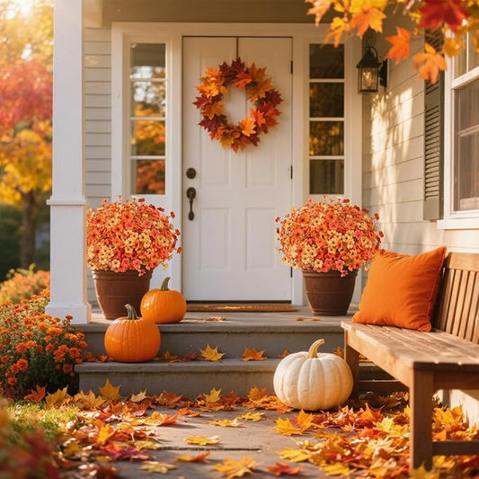 AmyHomie 16 Bundles Fall Orange Yellow Artificial Flowers for Outdoor Fall Decor UV Resistant Faux Flowers No Fade Fake Plastic Plants Garden Porch Window Box Decorating