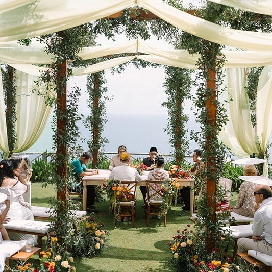VOK Wedding Arch Draping Fabric Chiffon Curtains, 29in x 18Ft Sheer Chiffon Outdoor Curtain for Wedding Ceremony Birthday Party Decoration (Light Yellow,4 Panel)