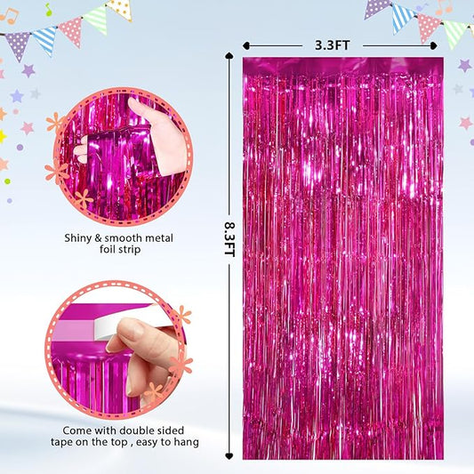 2Pack Hot Pink Metallic Tinsel Foil Fringe Curtains Backdrop for Pink Party Birthday Wedding Bachelorette Baby Shower Holiday Party Decorations Photo Booth Props, Bachelorette Christmas Party Decors