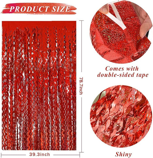 Red Streamers Tinsel Foil Fringe Curtains Wavy for Parties Sparkle Metallic Wavy Foil Fringe Backdrop Curtain for Party Decorations Photo Booth Props Birthday Graduation Wedding Valentines Decor