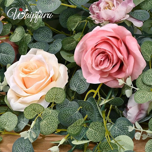 Waipfaru 8.85Ft Flower Garland, Eucalyptus Greenery Garland with Flowers, Pink Rose Floral Vines for Wedding Reception Table Mantle Room Spring Summer Decor (Pink)