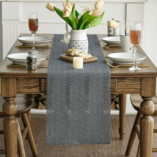 Artoid Mode Dark Grey Farmhouse Woven Rustic Hollow Table Runner, Seasonal Holiday Hollow Kitchen Dining Table Decoration for Home Party Decor 12x60 Inch