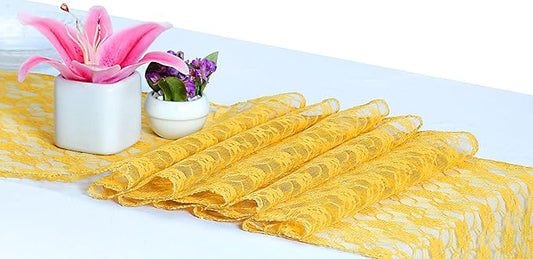 MDS Pack of 15 Wedding 12 x 108 inches Lace Table Runner for Wedding, Decorations for Birthday Parties, Banquets, Graduations, Engagements, and Runners fit Rectangle, Round Table- Yellow Gold