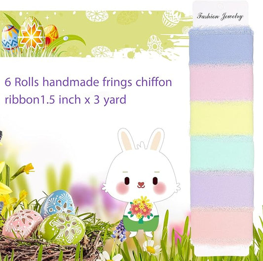 6 Rolls Handmade Fringe Chiffon Silk Ribbon 1.5" x 3 Yd Colorful Ribbon for Wedding Invitations, Bridal Bouquets, Gifts Wrapping, DIY Crafts (Macarons Color Set)