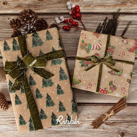 Ribbli Moss Green Velvet Ribbon 1 Inches Luxury Crinkled Green Christmas Ribbon for Gift Wrapping Crafts Home Decor-Continuous 10 Yard