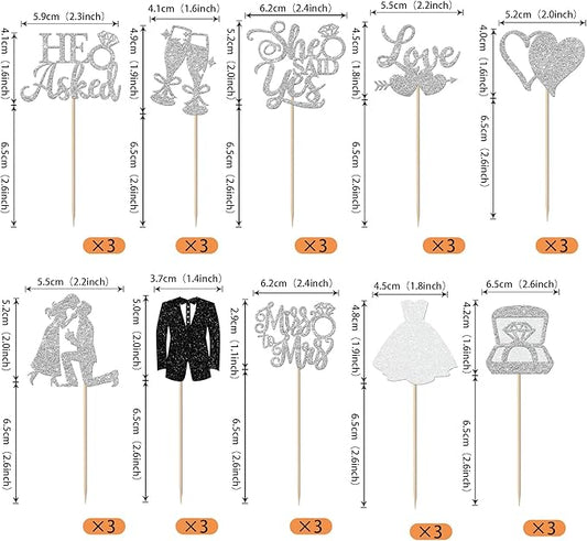 30 Pack Bride to be Cupcake Toppers Glitter Diamond Ring I Do Love Cupcake Picks Miss to Mrs He Asked She Said Yes Bridal Shower Wedding Engagement Bachelorette Cake Decorations Silver