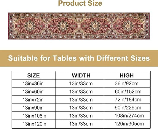 Vintage Boho Floral Table Runner, Rustic Country Farmhouse Red Gold Bohemia Flower Pattern for Home Kitchen Table Decor Dining Coffee Room Party Decor 13x90in